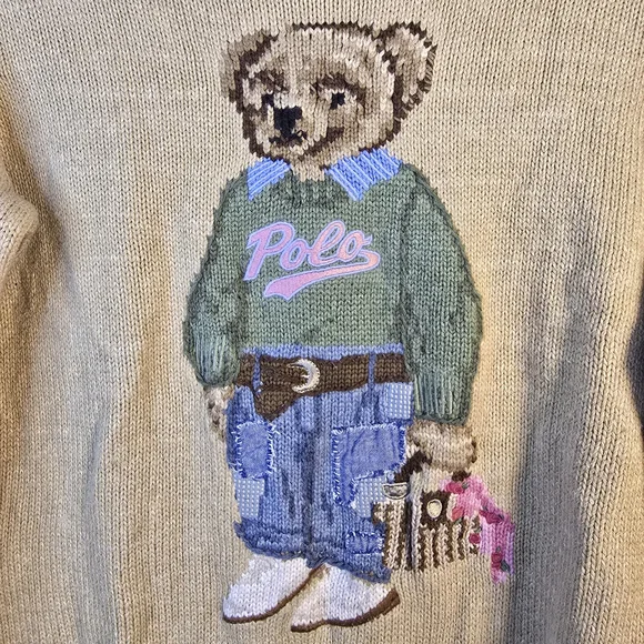 Polo Ralph Lauren Bear Sweater Medium Beige Preppy Knit Iconic Teddy - Picture 3 of 7